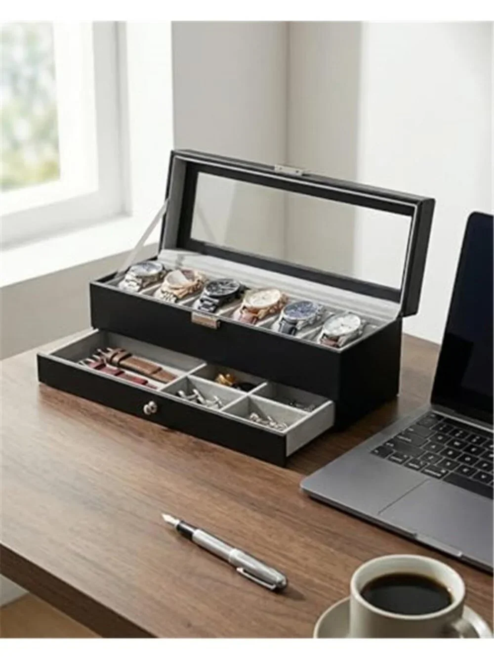 Watch Box for Men, 6 Slot Watch Case with Glass Lid Fits 48mm